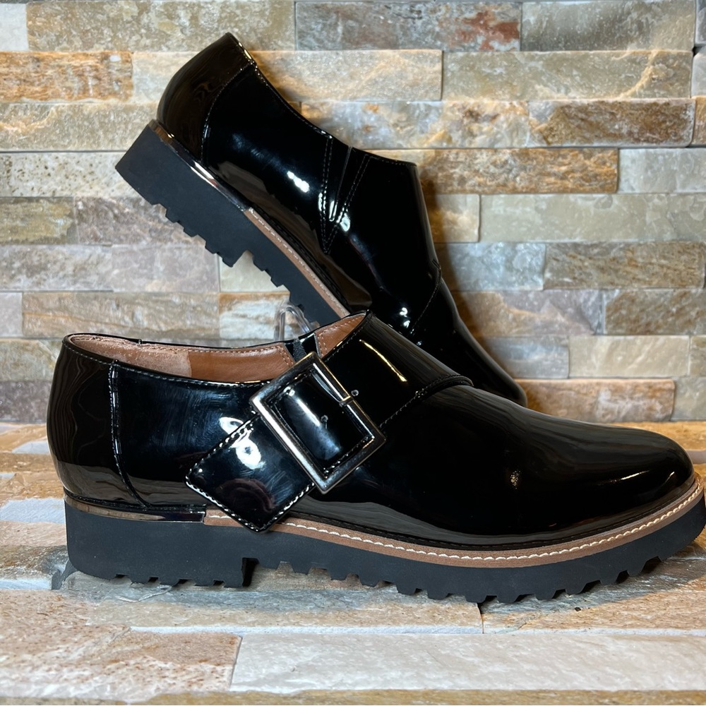 Franco Sarto Black Patent Leather Lug Sole Loafers